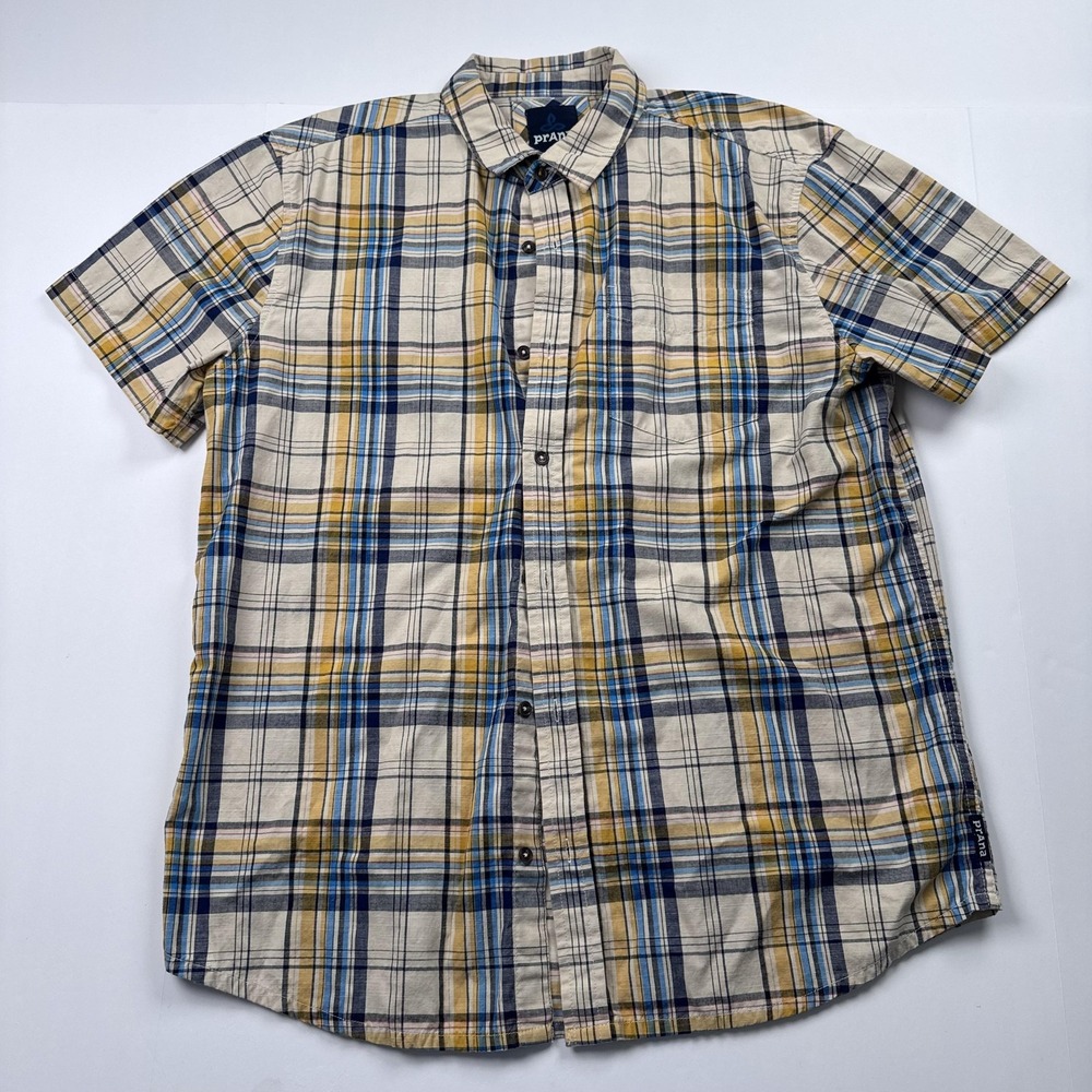 PrAna Shirt Mens Large Beige Blue Yellow Plaid Short Sleeve Button Front Casual